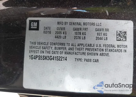 2016 Buick Verano Leather Group из США, поврежденный, VIN 1G4PS5SK5G4152214